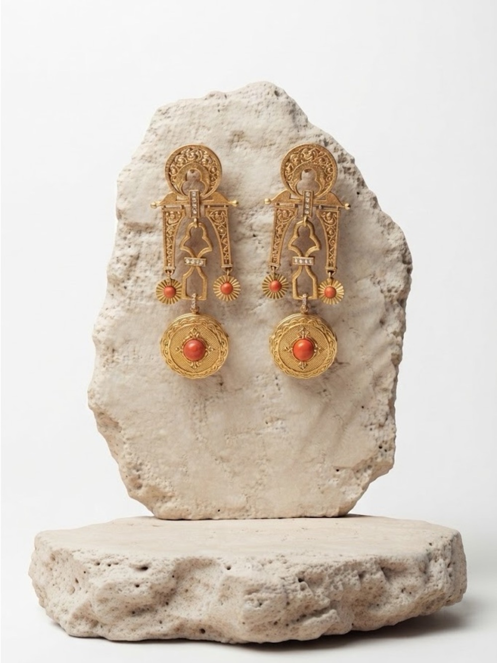 Statement Locket and Coral Beaded Drop Earrings